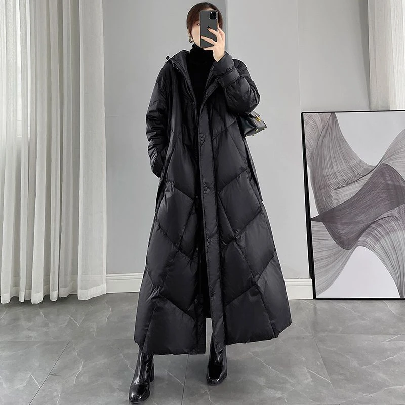 羽绒衣2024新款羽绒棉服保暖女装冬季宽松超长款黑色连帽过膝加厚
