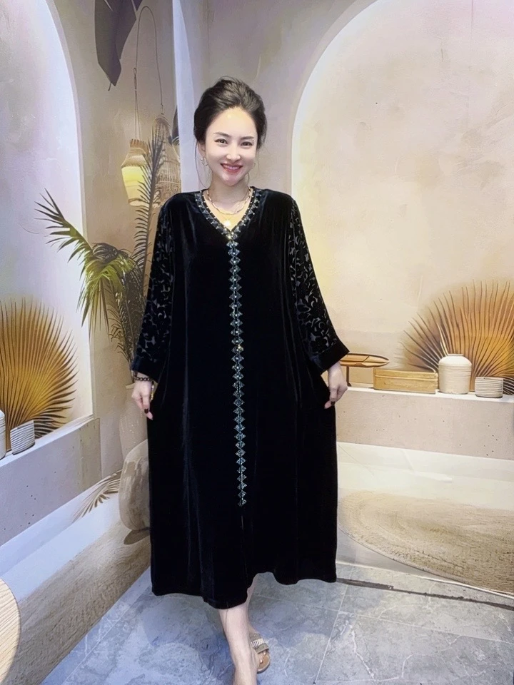 2089时尚桑蚕丝连衣裙大码女装真丝植绒烧花镂空工艺面料100含量