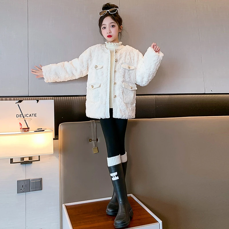 女童加绒小香风外套秋冬2024新款中大儿童韩版时尚夹棉加厚毛毛衣