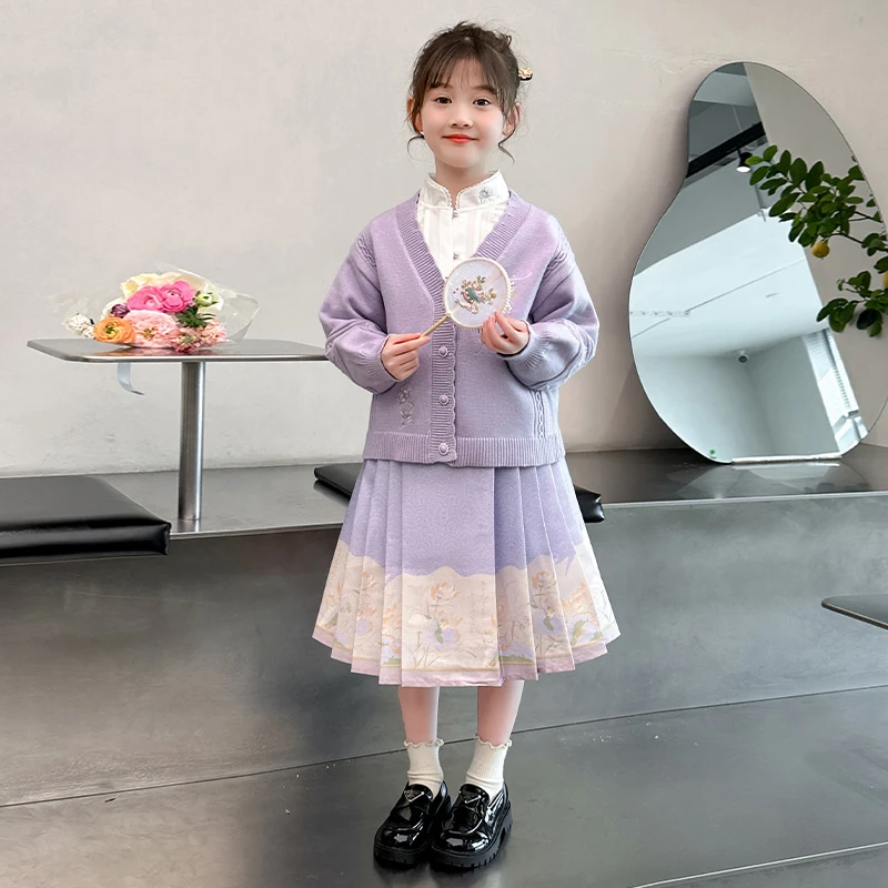 国风汉服女童2024新款女大童春秋古风唐装儿童春装高端马面裙套装