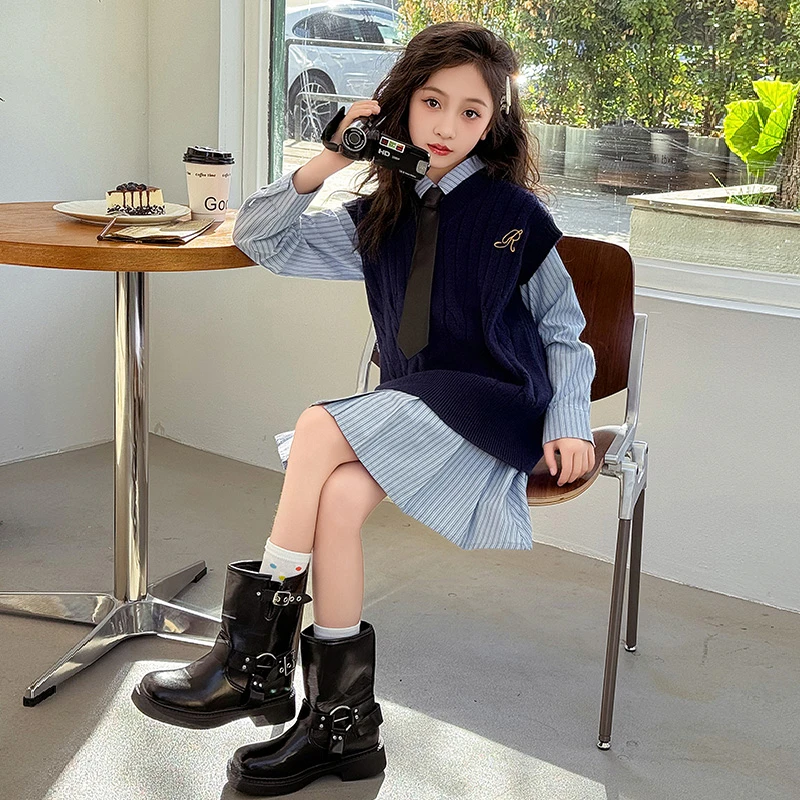 女童春装连衣裙2024新款春秋儿童套装裙子洋气女大童装公主衬衫裙