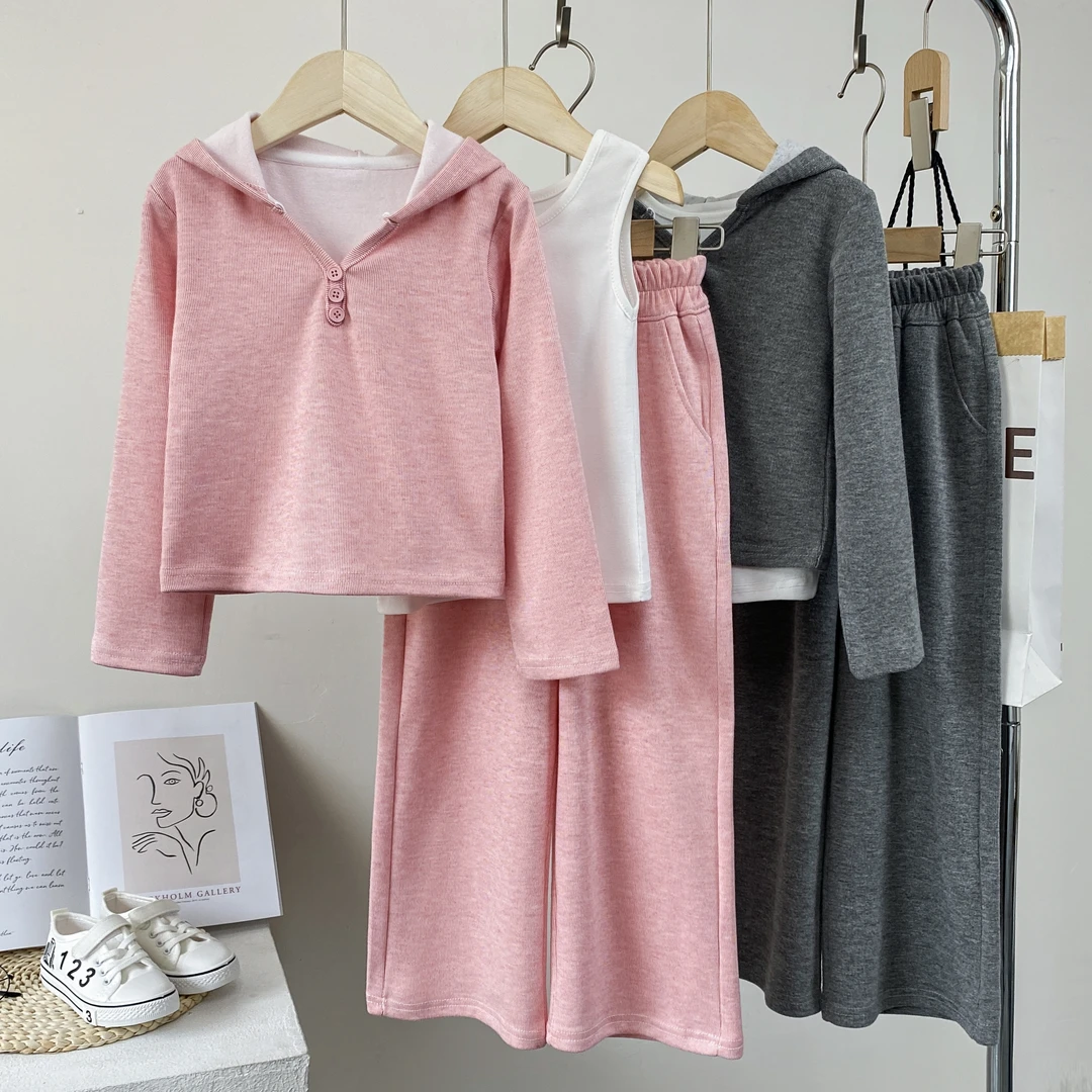 女童三件套装2024秋款中大童洋气休闲针织套装女孩韩版连帽三件套
