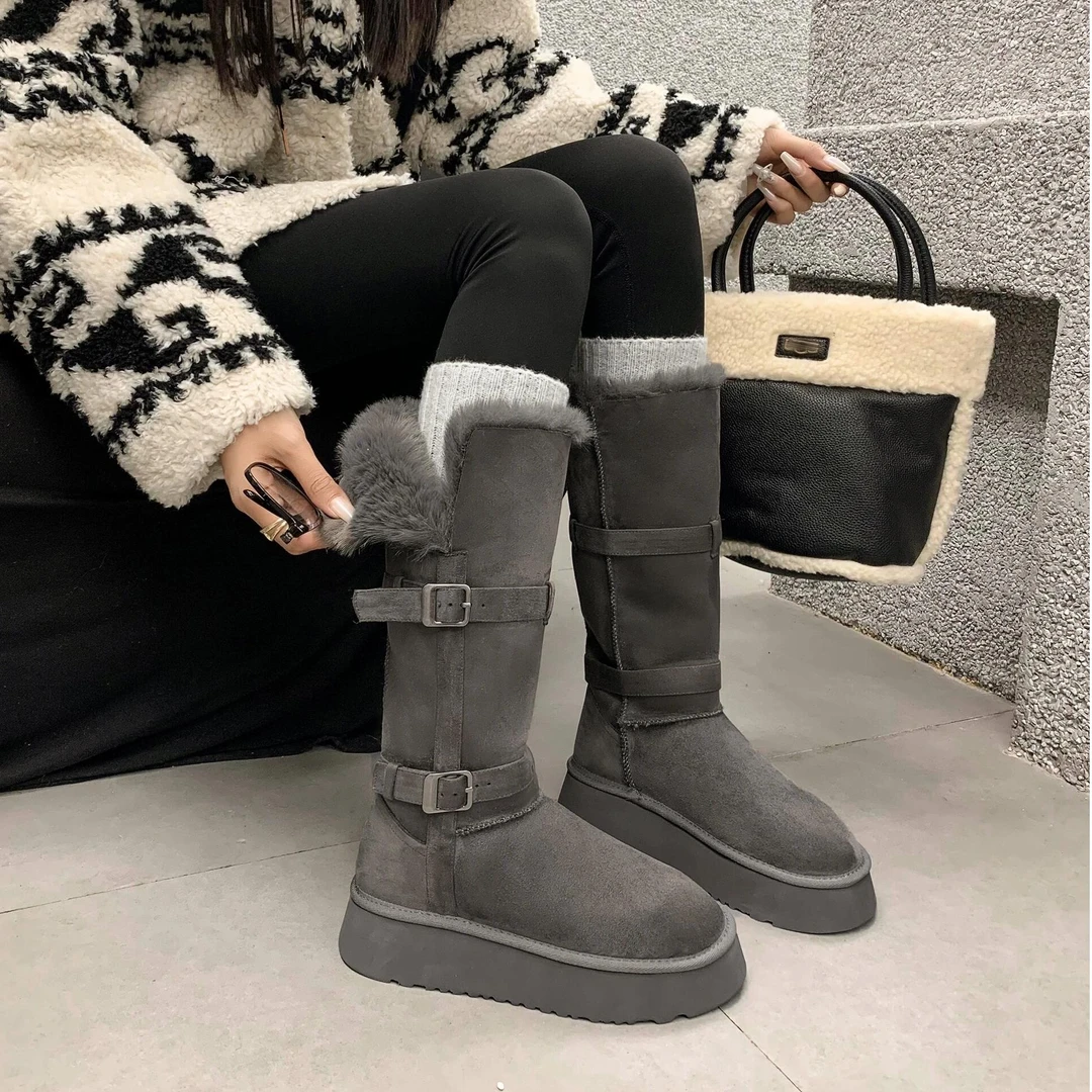 两穿定制灰色高筒雪地靴2025冬季新款厚底增高绒面中筒时尚雪地棉