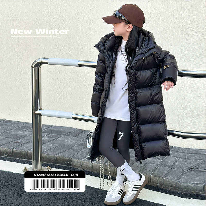 巴拉开门2025女童中长款羽绒服加厚新洋气女大童冬季白鸭绒保暖