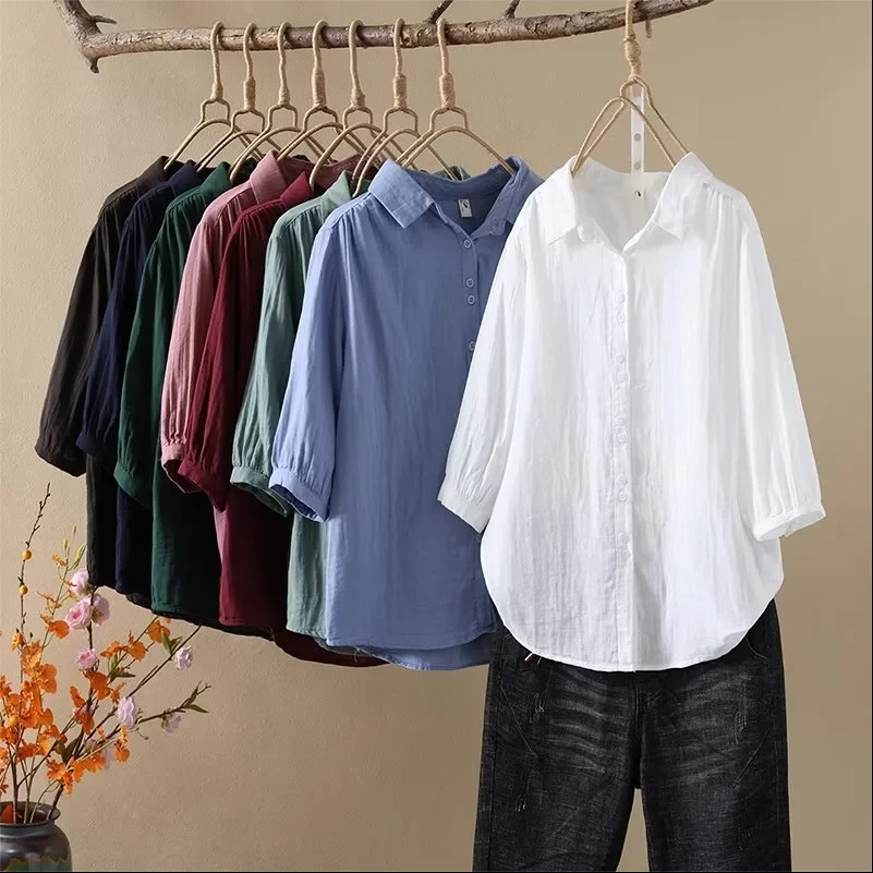 夏季短袖条纹衬衫女文艺百搭休闲方领宽松显瘦双层纱纯棉衬衣