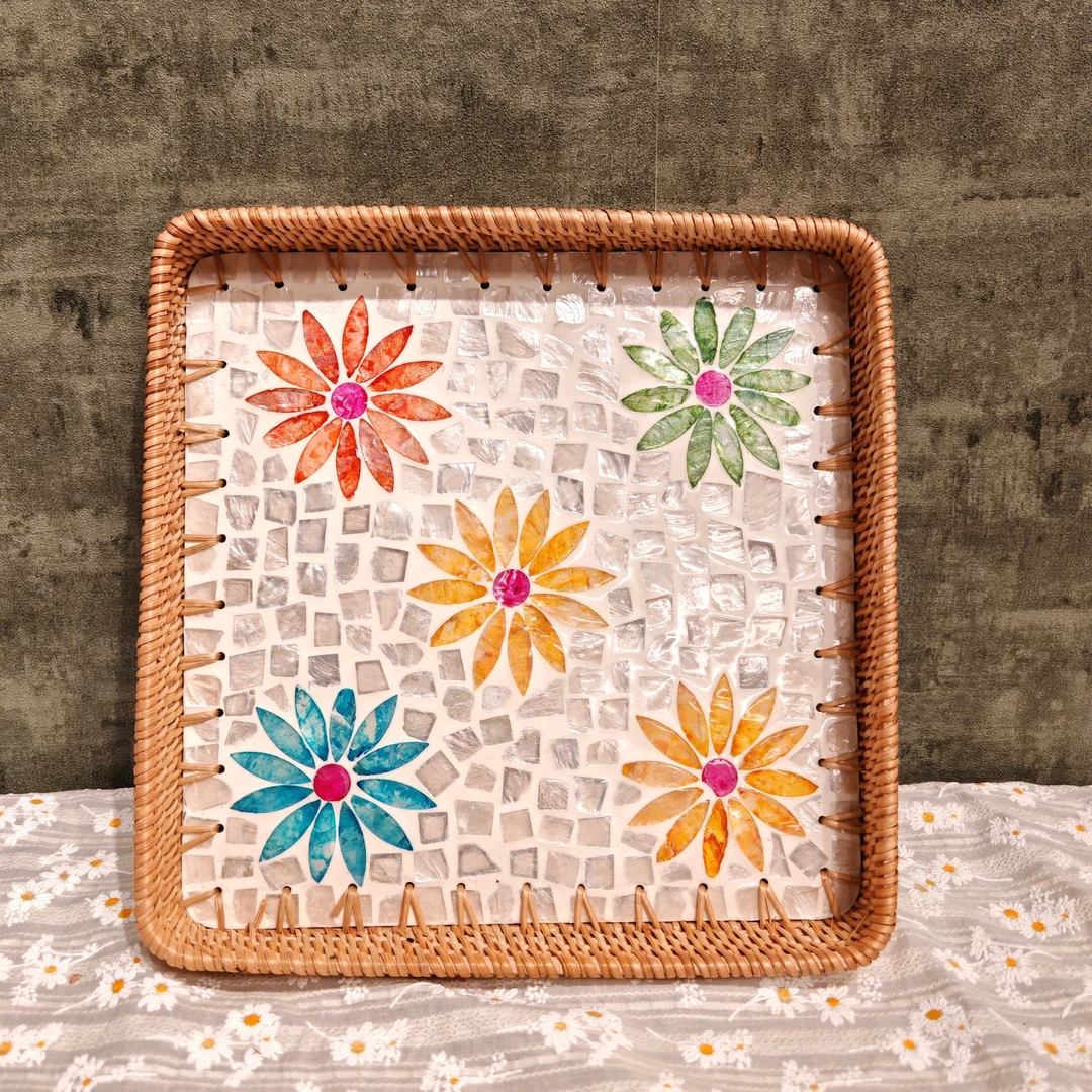 H越南真藤手工编织28*28*4正方形贝壳盘客厅桌面装饰水果零食盘子