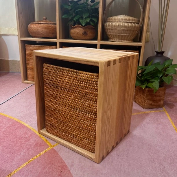 秋藤美越南藤编35*30*39白蜡木实木回形凳子原木榫卯结构换鞋凳子