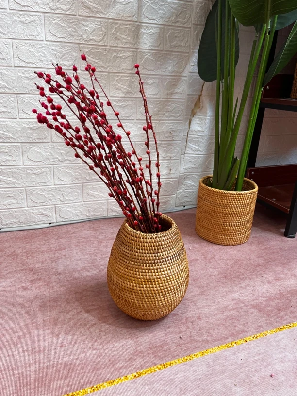 越南藤编手工艺品桌面摆件编织花瓶20*24插干花仿真花束茶桌摆放