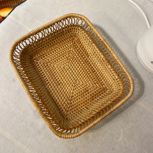 秋藤美越南藤编 25*20*6宽口镂空方形果盘小号手工编织桌面盘子