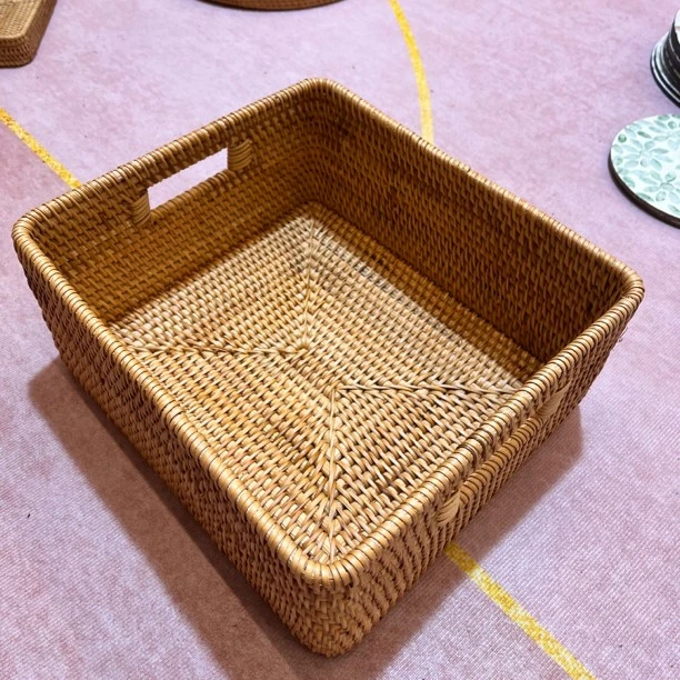 秋藤美越南藤编34*27*15方形收纳筐客厅卧室衣服杂物收纳整理篮子