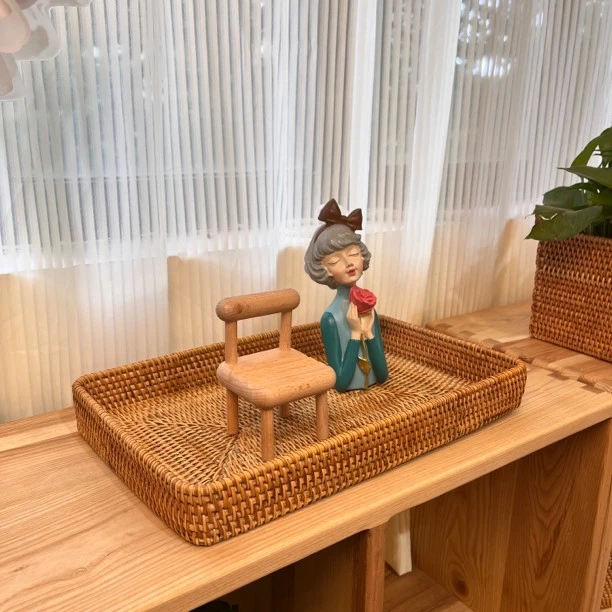 秋藤美越南藤编36*23*5方形茶具托盘水果盘大号纯手工编织长方形