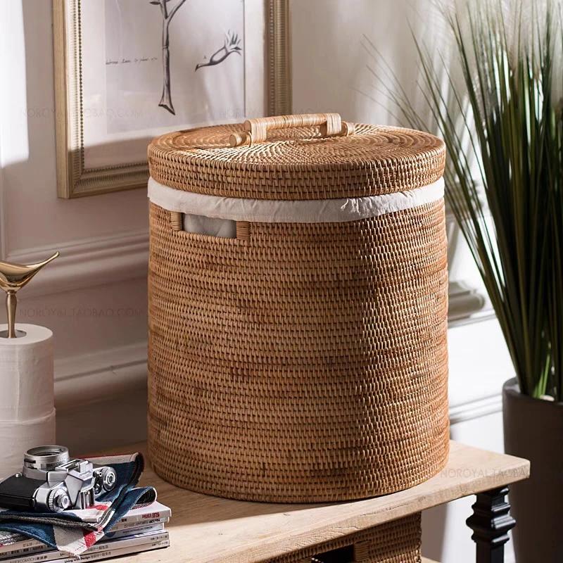 秋藤美越南藤编 35*40几形把手带盖圆桶脏衣桶手工编织收纳筐家用