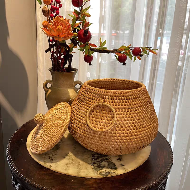越南手工藤条编织29*21茶叶罐桌面置物架摆件坚果零食杂物储物盒