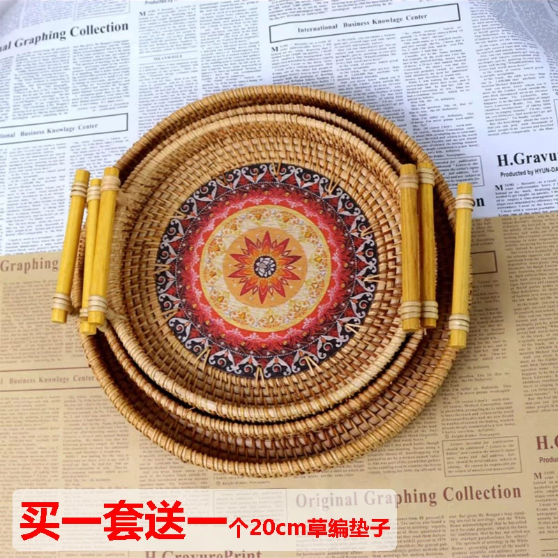 秋藤美越南藤编 28*3印花红花榉木圆形托盘网红款纯手工编织复古