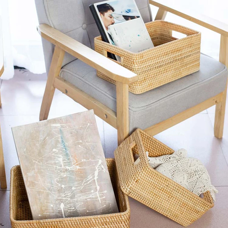 秋藤美越南藤编 38*28*18长款手提收纳筐手工编织客厅家用长方形