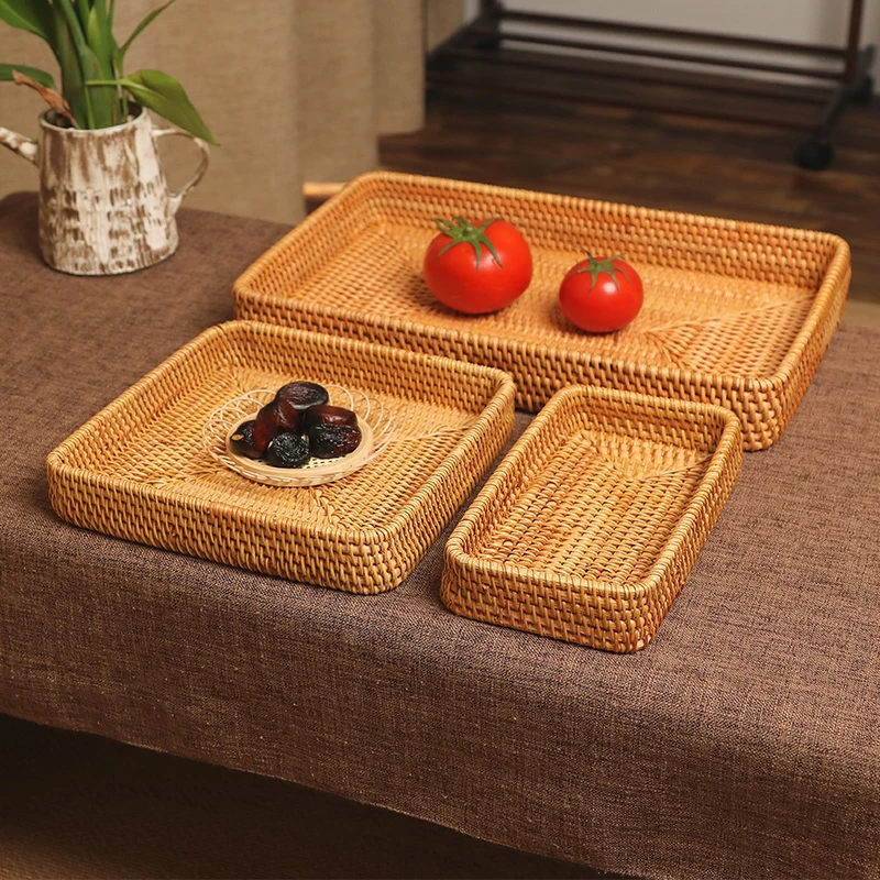 T越南手工真藤编织36*23*5日式长方形茶具托盘家用桌面水果零食篮
