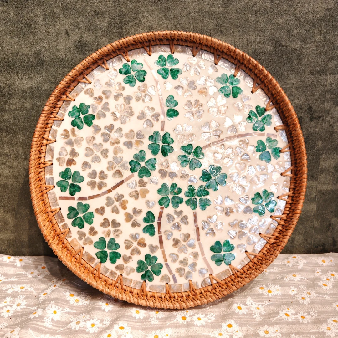 H越南真藤手工编织35*3四叶草圆形贝壳盘客厅桌面装饰水果零食盘