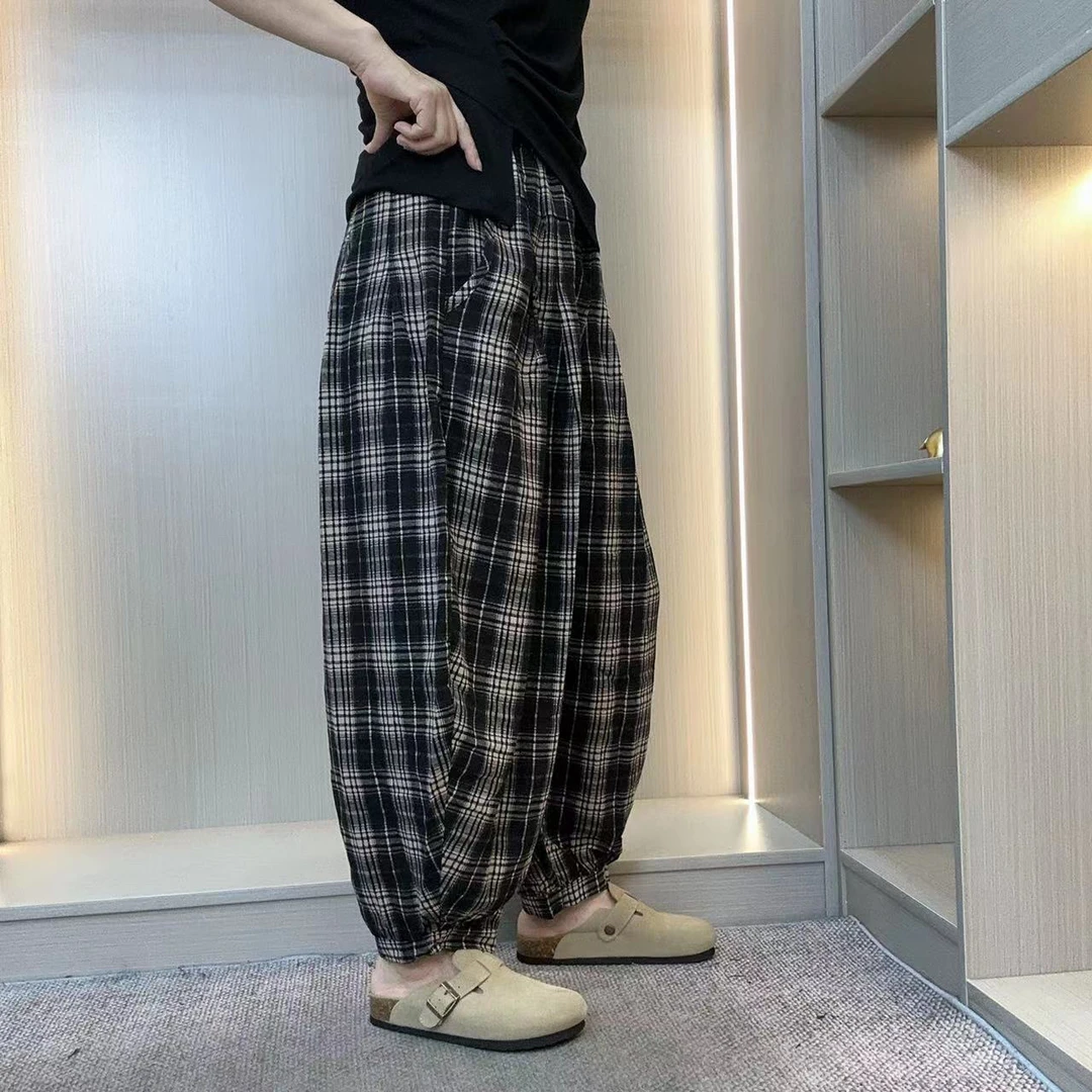 休闲宽松夏季格子裤洋气百搭哈伦裤