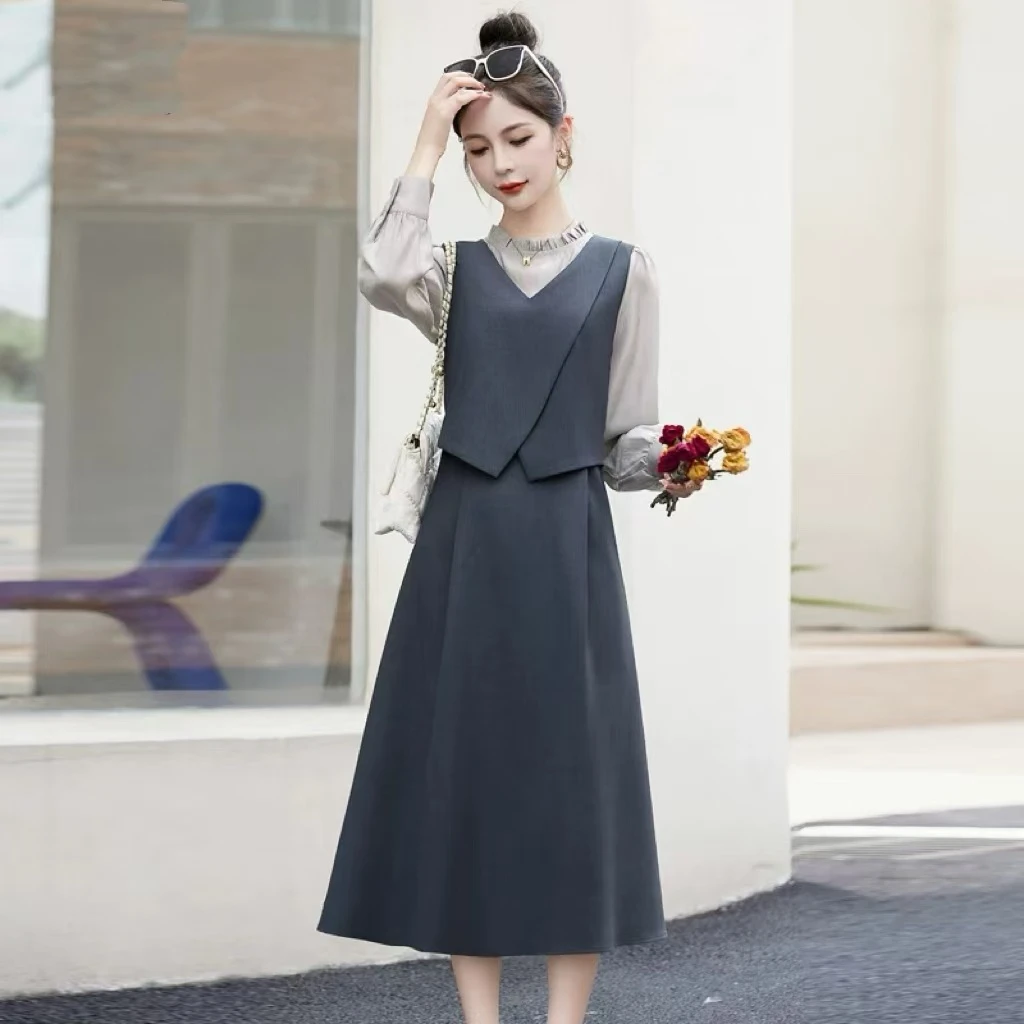 JIRUIMAN/吉瑞曼春秋法式复古拼接长袖假两件连衣裙Q612