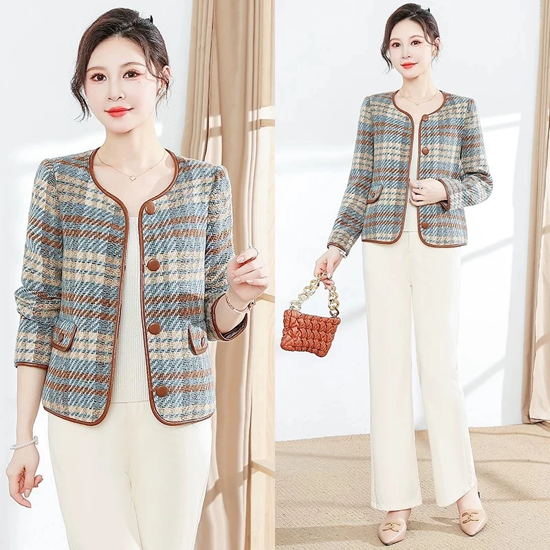 JIRUIMAN/吉瑞曼撞色格纹复古长袖单排扣气质通勤显瘦外套W129