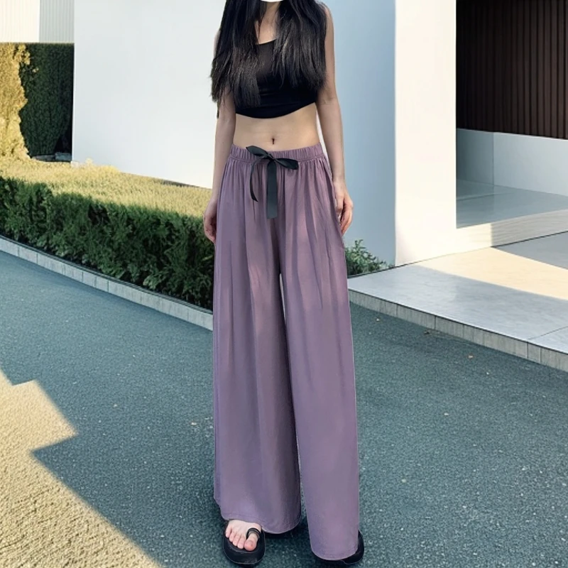 夏季棉绸薄款高腰休闲大码宽松有纯色垂感防蚊阔腿裤外穿女裤