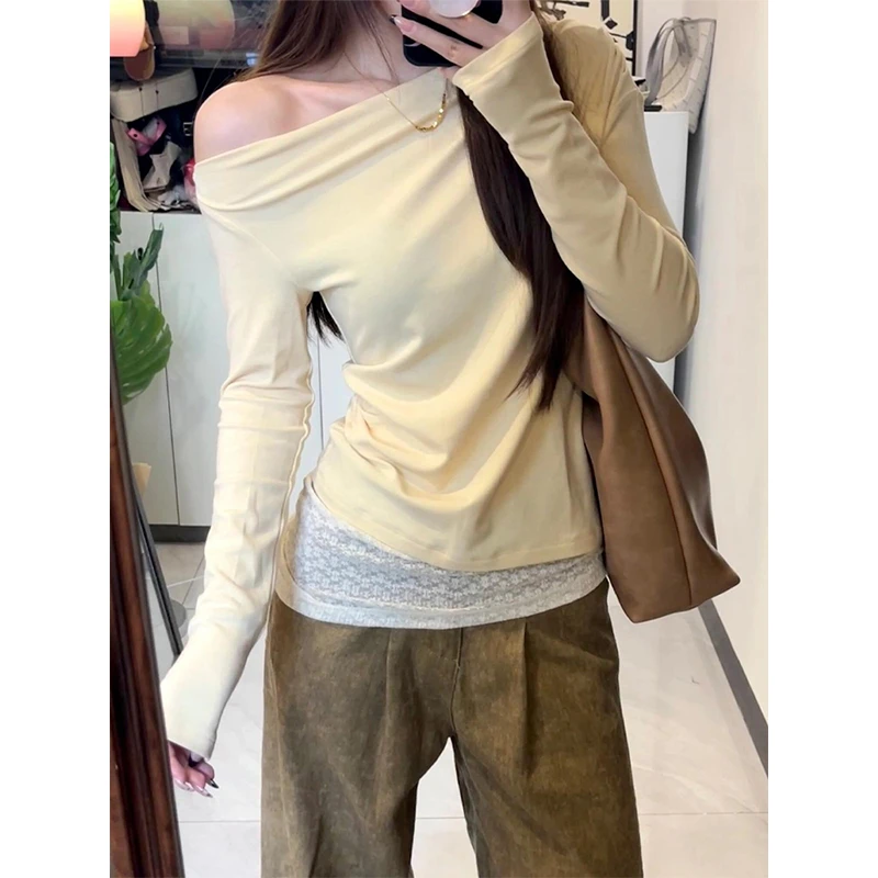 蕾丝假两件斜肩长袖上衣女秋季新款纯欲辣妹修身显瘦百搭打底衫潮