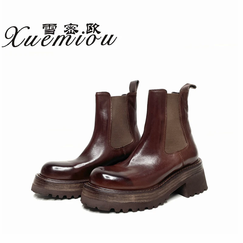 雪密欧新款复古水洗马皮短靴女厚底粗跟英伦风切尔西马丁靴596-1