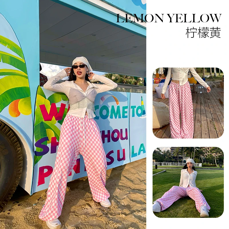 粉白格子休闲裤直筒时尚透气宽松   L3SA006