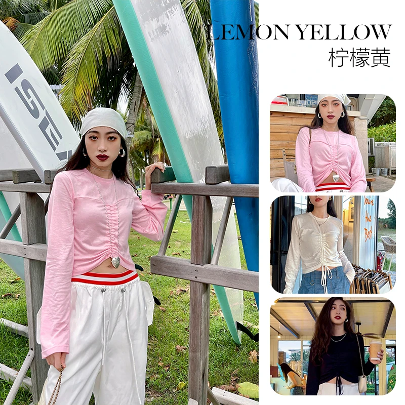 抽绳T恤休闲百搭显瘦长袖时尚网红网红秋季韩版修身ins   L3A0014