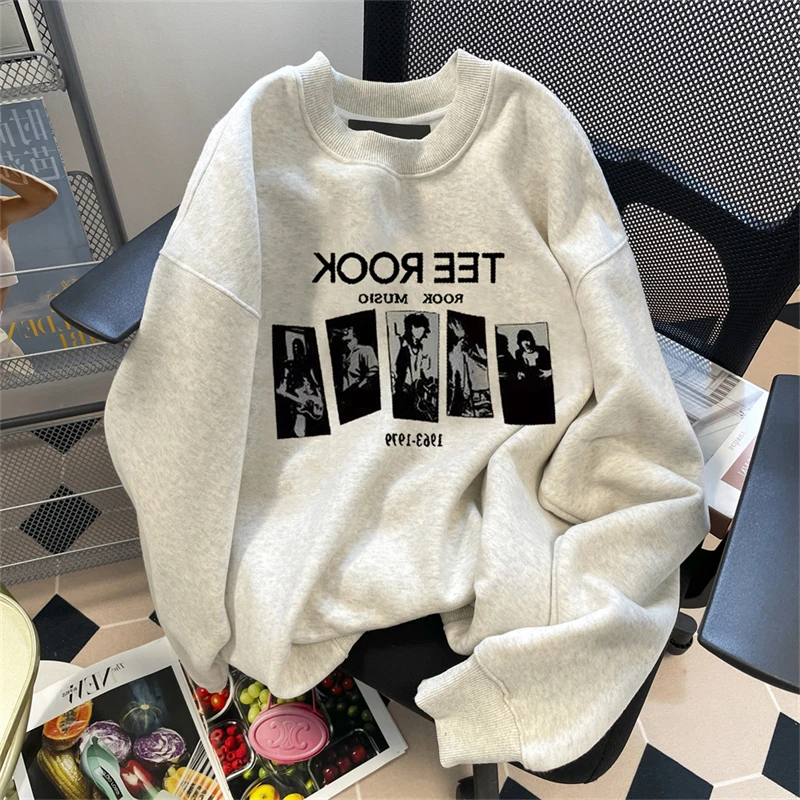 白灰色加绒加厚卫衣女秋冬装宽松休闲大码不带帽学生上衣圆领外套