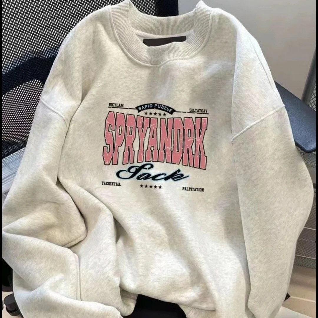 韩版加绒加厚无帽长袖卫衣女秋冬宽松休闲学生大码印花圆领上衣潮