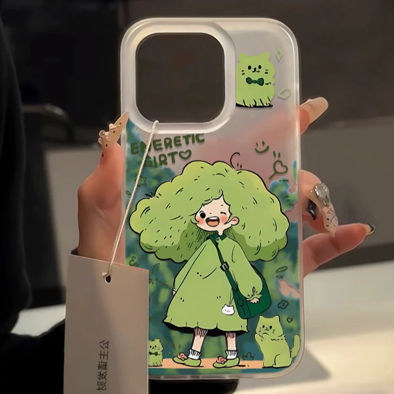 卡通绿色女孩苹果15promax手机壳iPhone13/14磨砂12可爱11/XS软XR