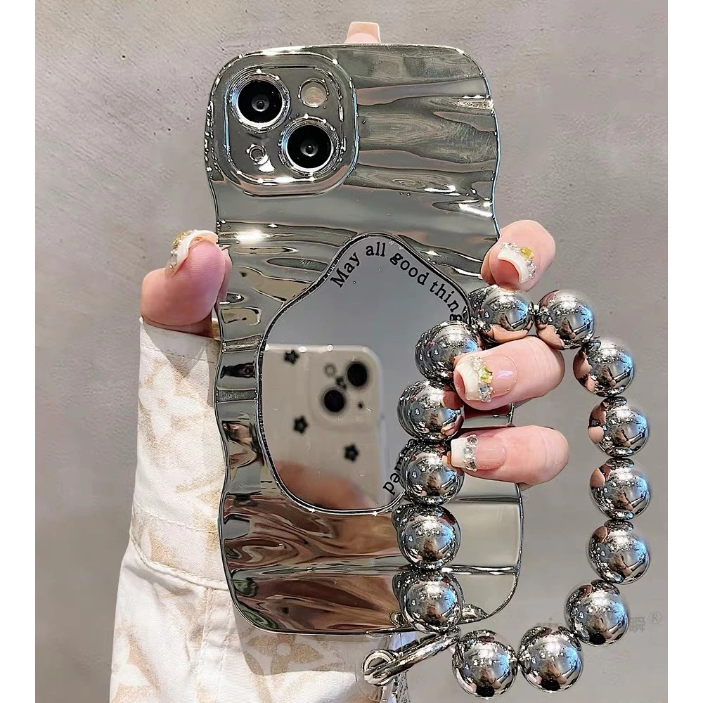 高级感补妆镜苹果14promax手机壳13小众iPhone15/11电镀银12链条