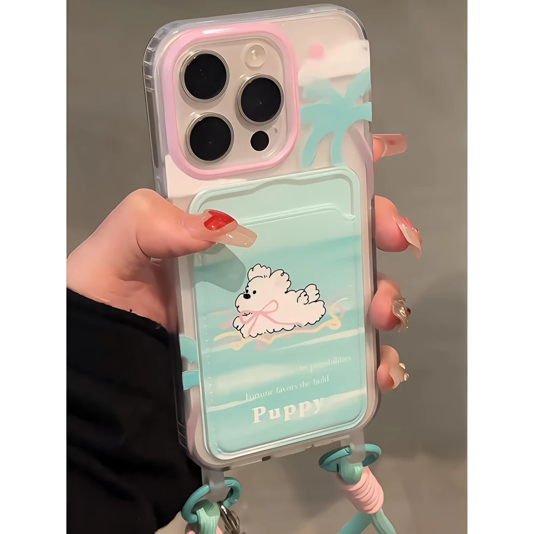 牛牛夏日椰树小狗卡包适用苹果15手机壳14挂绳iPhone13新款1211