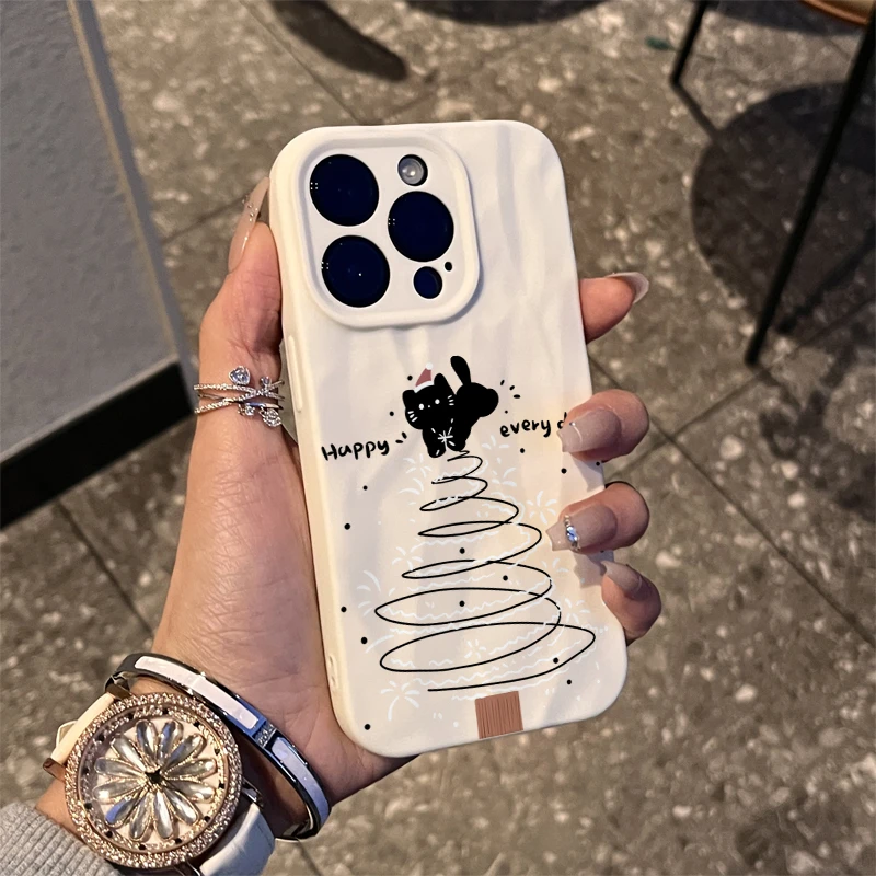 简约圣诞猫咪苹果14promax手机壳iPhone15肤感11/12小众13/XS软XR