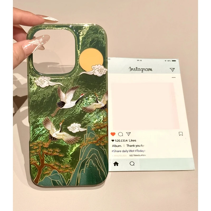 国风绿底飞鹤山峰树适用iPhone16苹果1315手机壳华为vivo小米oppo