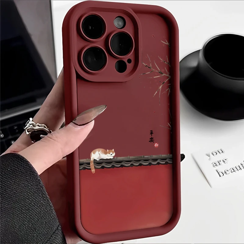 苹果oppo华为vivo小米梅花橘猫iPhone15手机壳13 14酒红11复古12