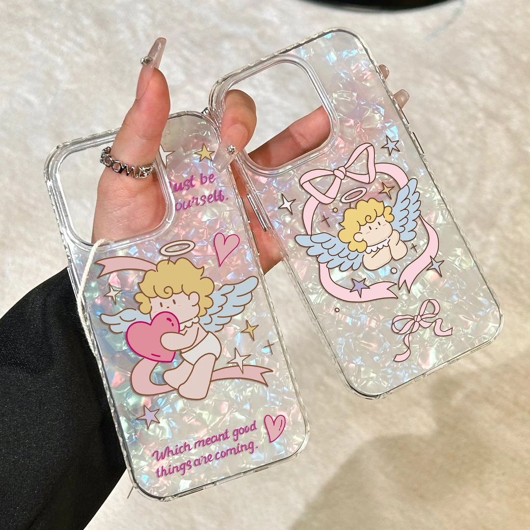 这家壳贝壳纹天使少女适用iPhone15手机壳13镭射iPhone14高级1211
