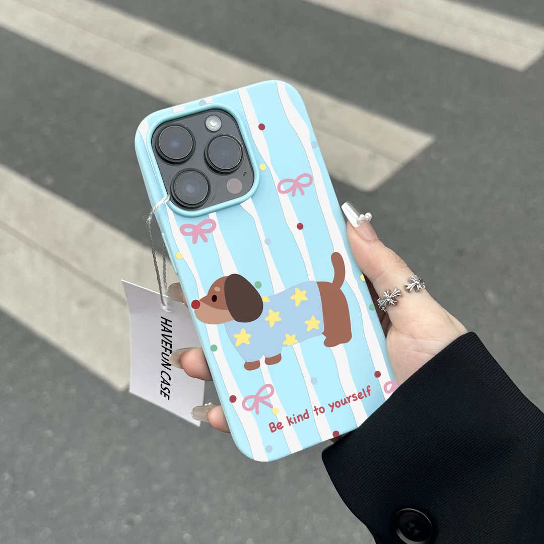 雅天立条纹波点腊肠狗适用苹果13/15promax手机壳iPhone14肤感11
