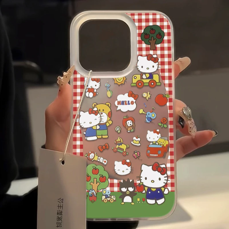 ins可爱格纹kitty适用苹果15promax手机壳iPhone13肤感14/11软12
