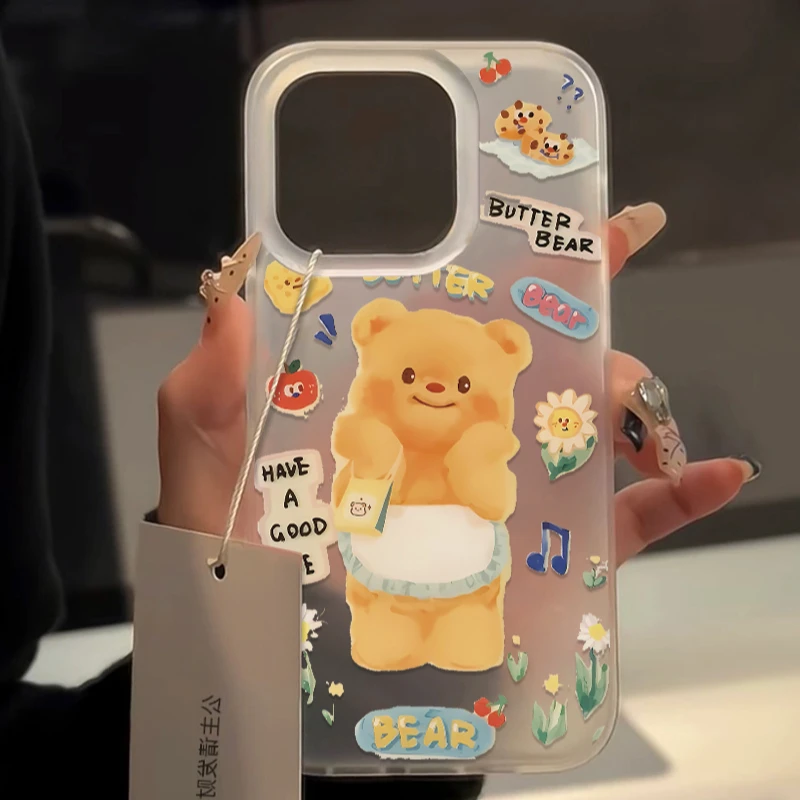 可爱黄油小熊插画iPhone14苹果15promax手机壳13/11磨砂12网红XR