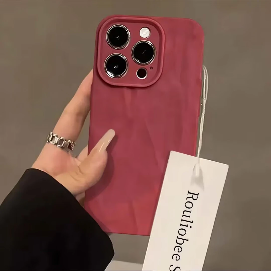 复古酒红褶皱苹果15promax手机壳iPhone13简约11/14潮牌12软XSXR