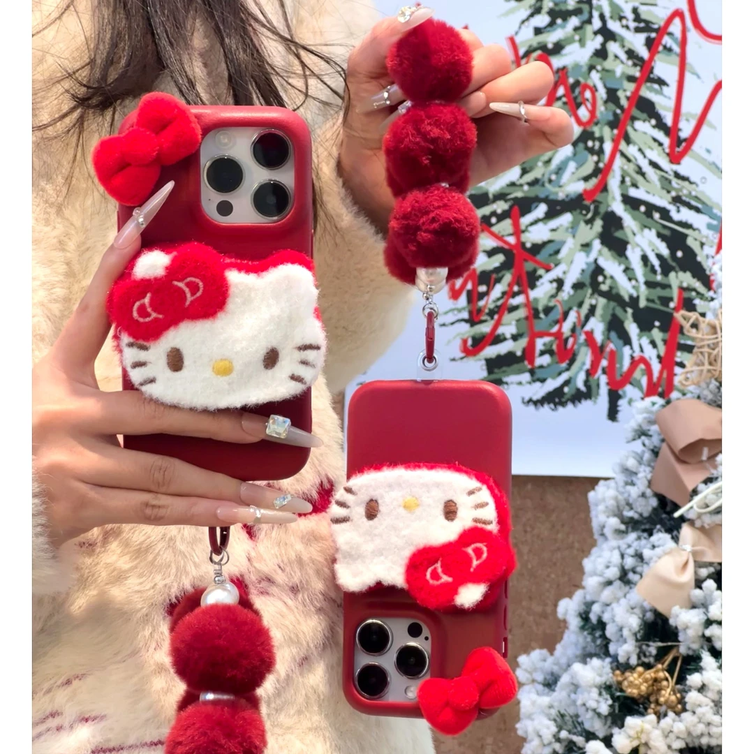 新年复古毛绒红色KT适用iPhone16苹果13/15promax秋冬14手链11/12
