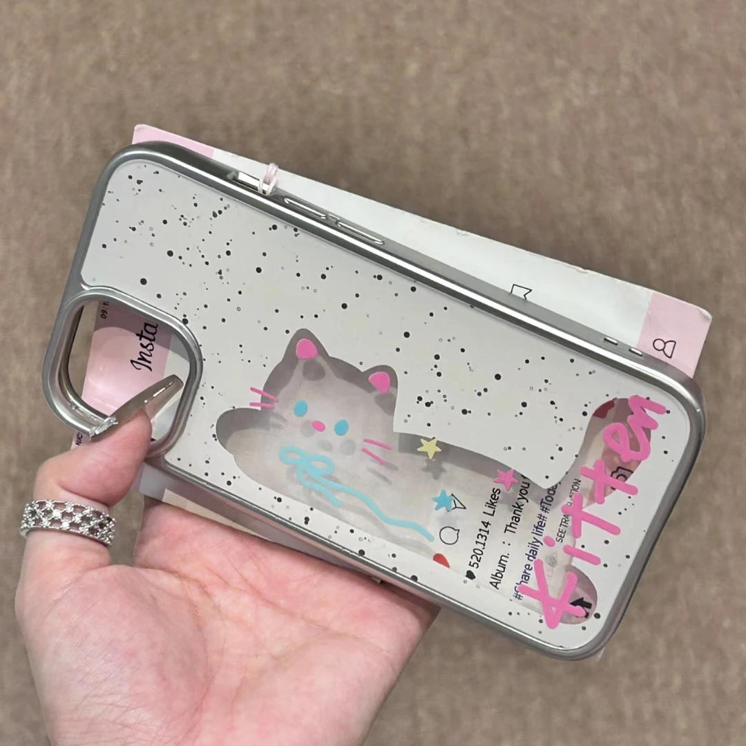 这家壳泼墨镂空猫咪适用iPhone15苹果13手机壳14可爱12银框11新款