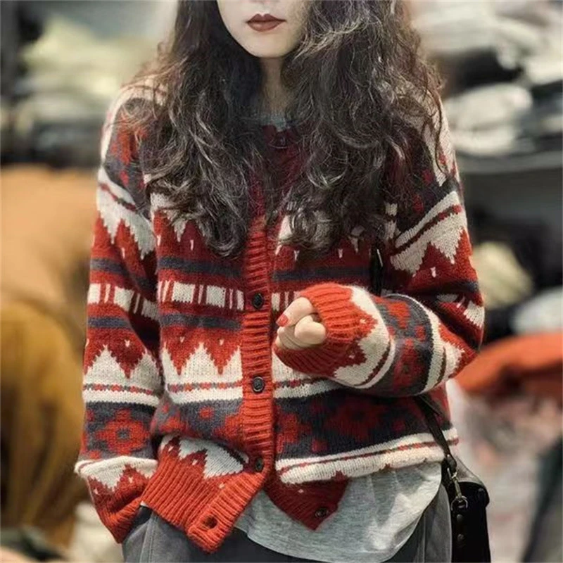 韩版撞色圆领开衫毛衣2023秋季新款拼色菱形减龄慵懒风针织开衫女