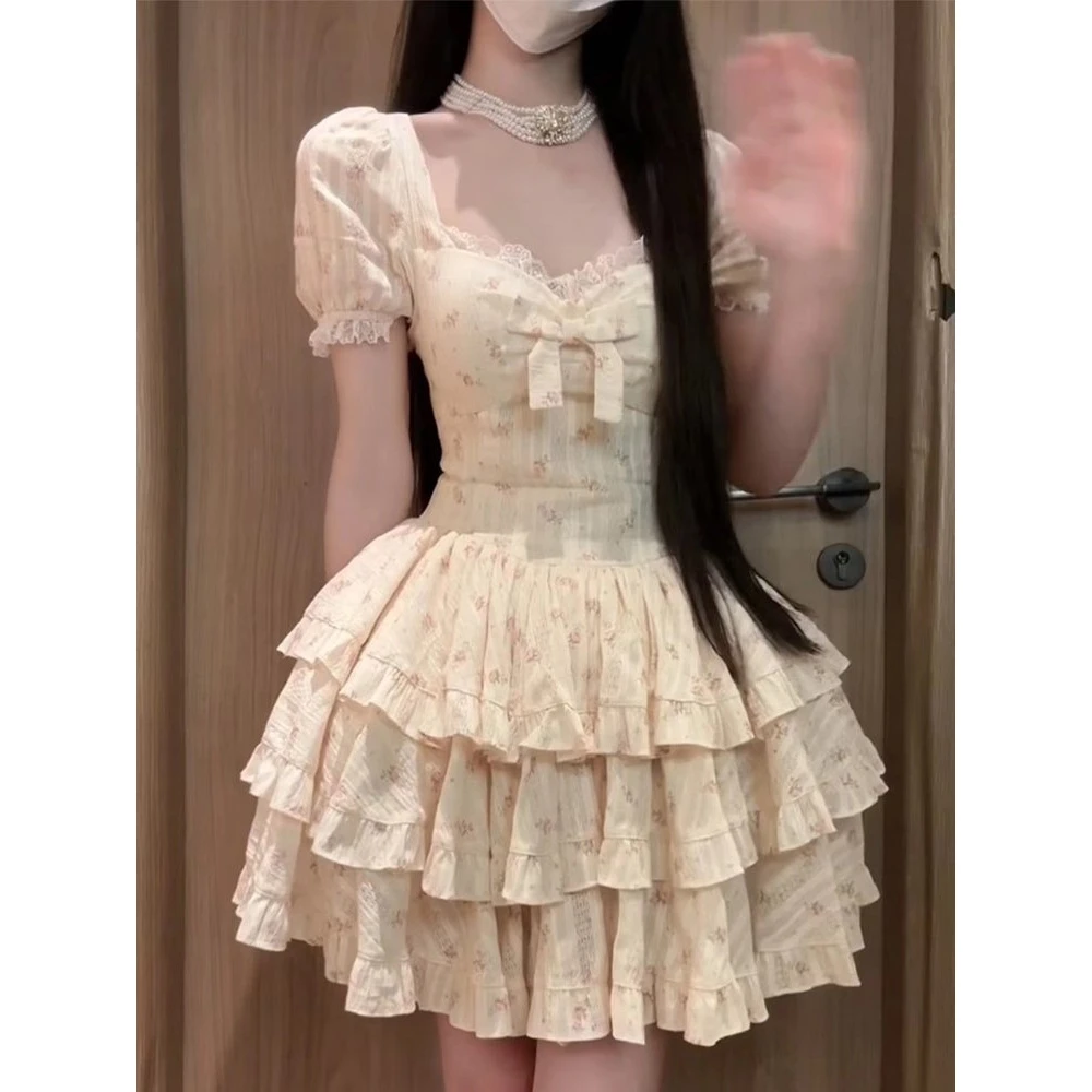 2024法式甜美碎花蝴蝶结方领连衣裙女小个子显瘦气质感拼接蓬蓬裙