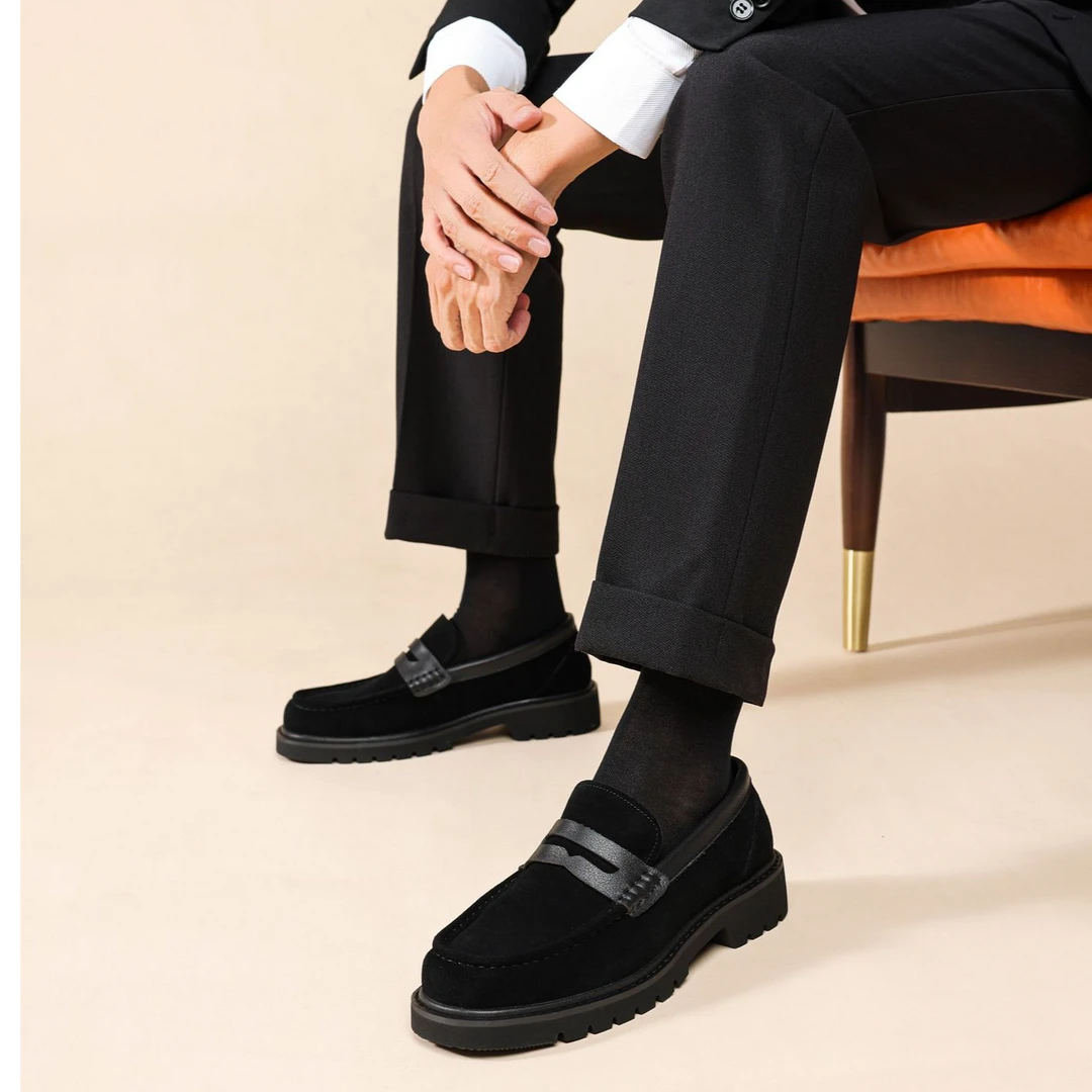 磨砂皮牛皮鞋男士休闲豆豆鞋厚底百搭增高皮鞋软牛皮鞋37码