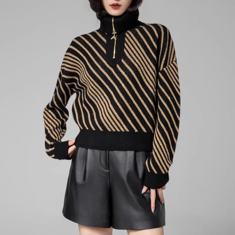 商场同款2025秋冬新款拼色条纹拉链翻领羊毛针织衫上衣女5399666