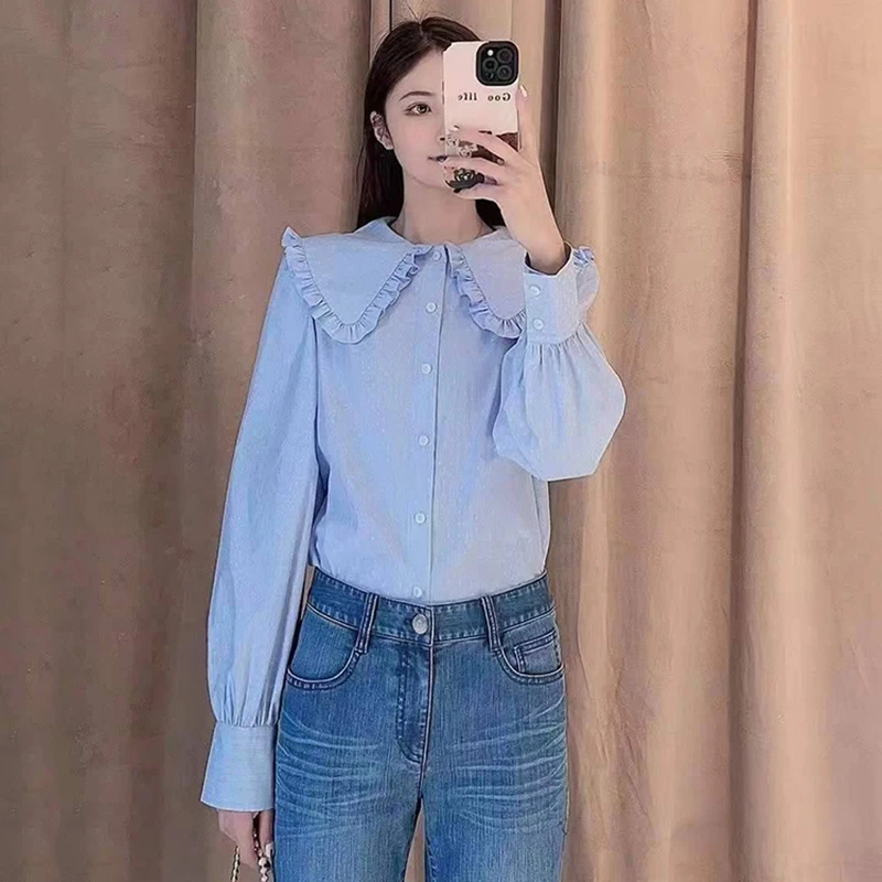 魅言新款春时尚气质休闲洋气百搭上衣花边娃娃领衬衣衫女5300814