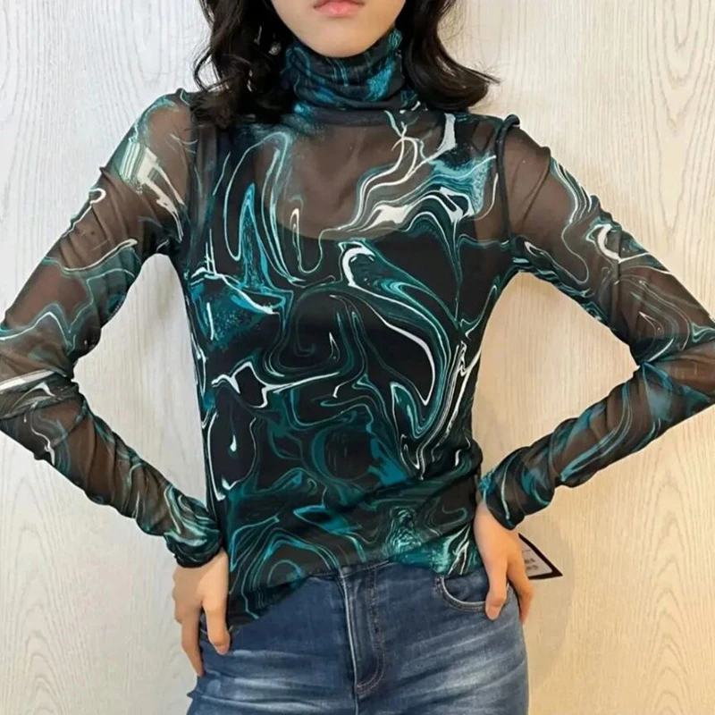 魅言2025新款春印花通勤时尚修身高领字母纱衣打底T恤女装5300587